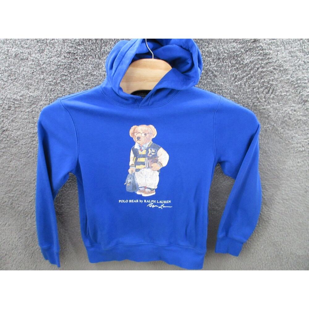 Polo Ralph Lauren Big Boy's Teddy Bear Blue Fleece Hoodie Youth Large
